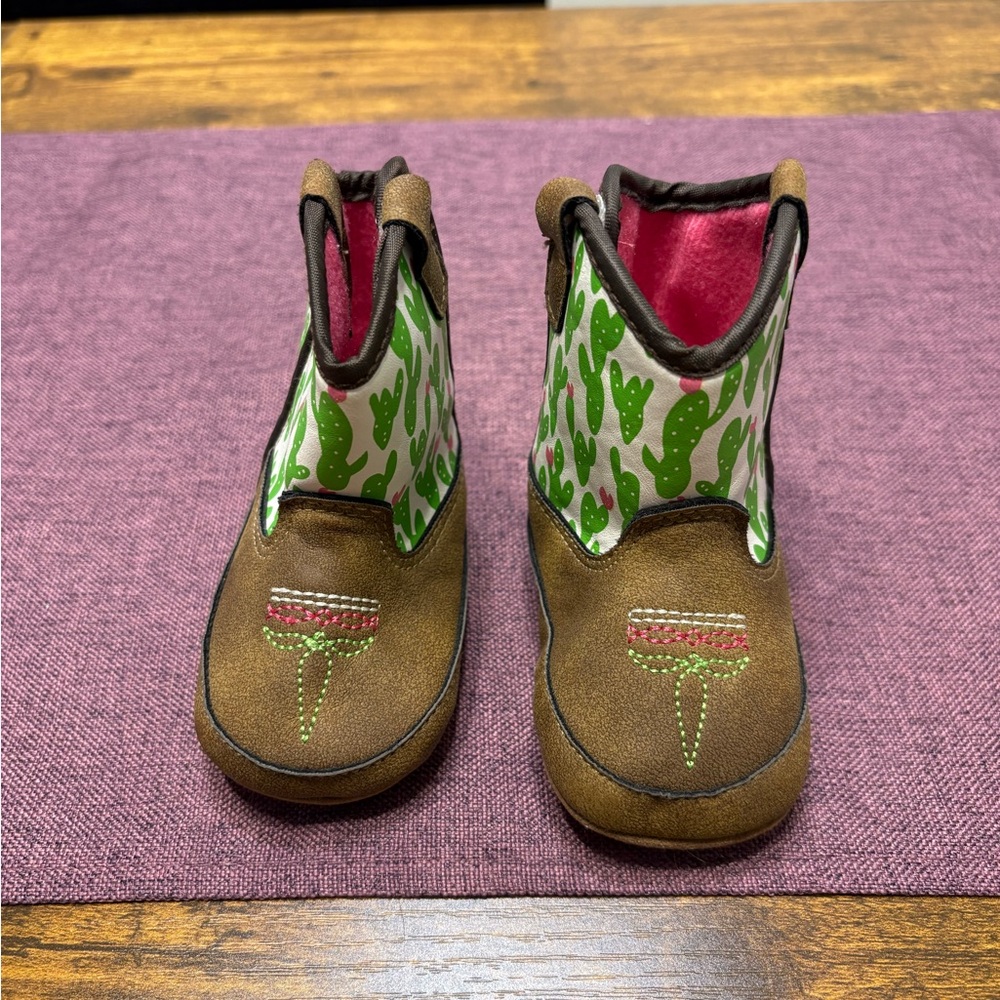 Ariat Infant Boots Faux Leather Western Style. Cactus pink, green and brown. PO